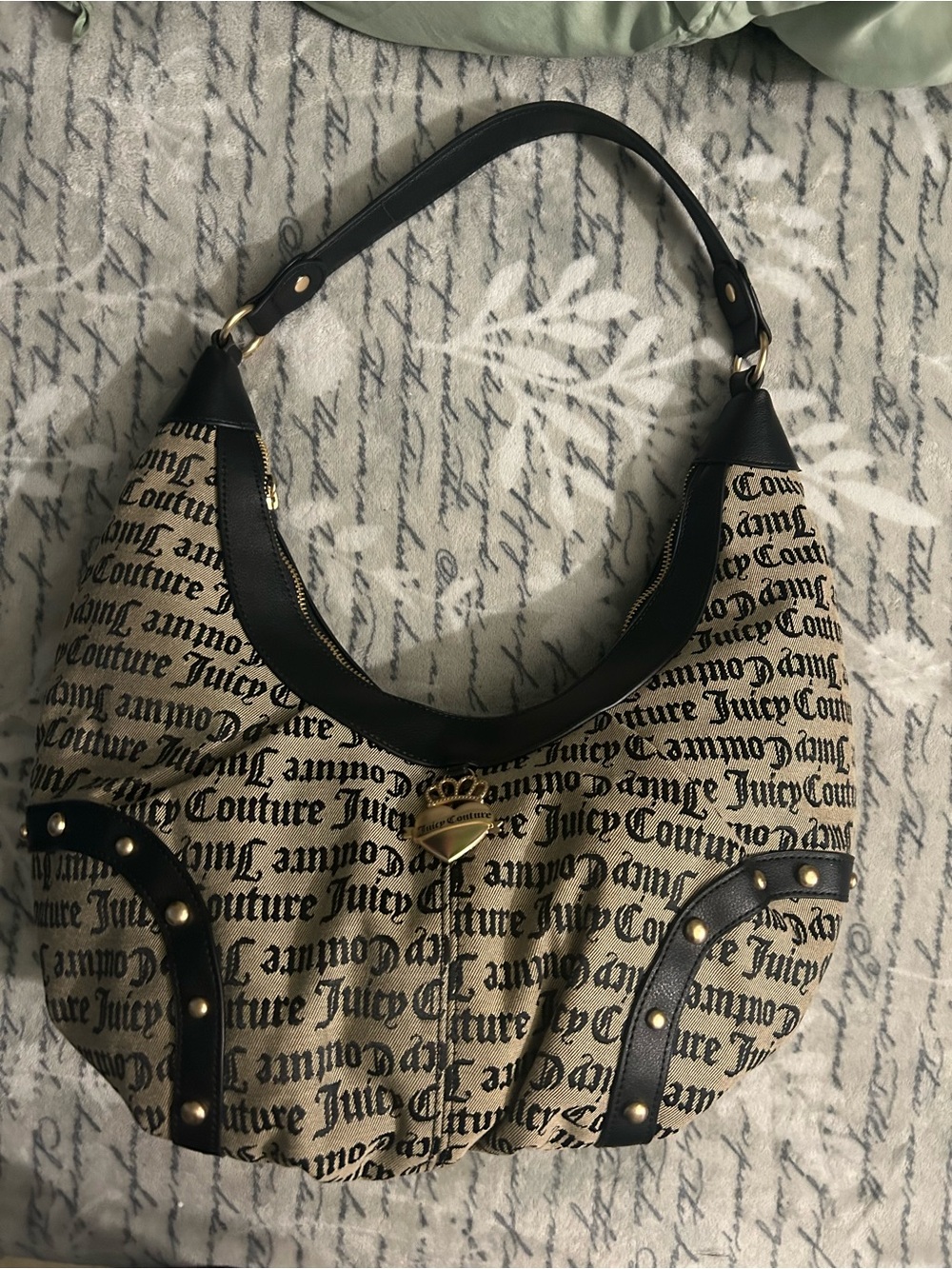 Juicy Couture Cream & Black Logo Hobo with Gold Hardware